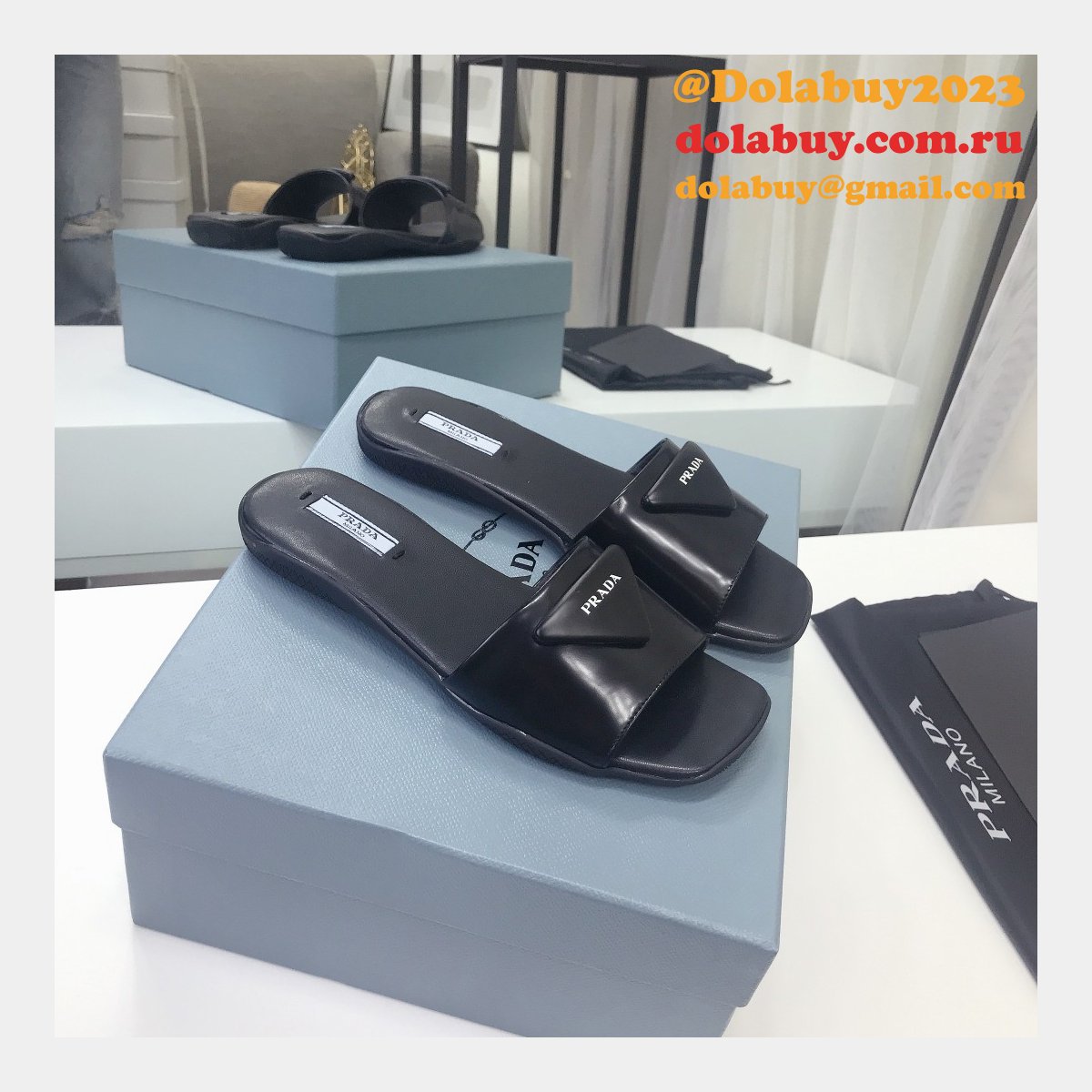 Replica Prada Leather Logo Flat Slide Sandals