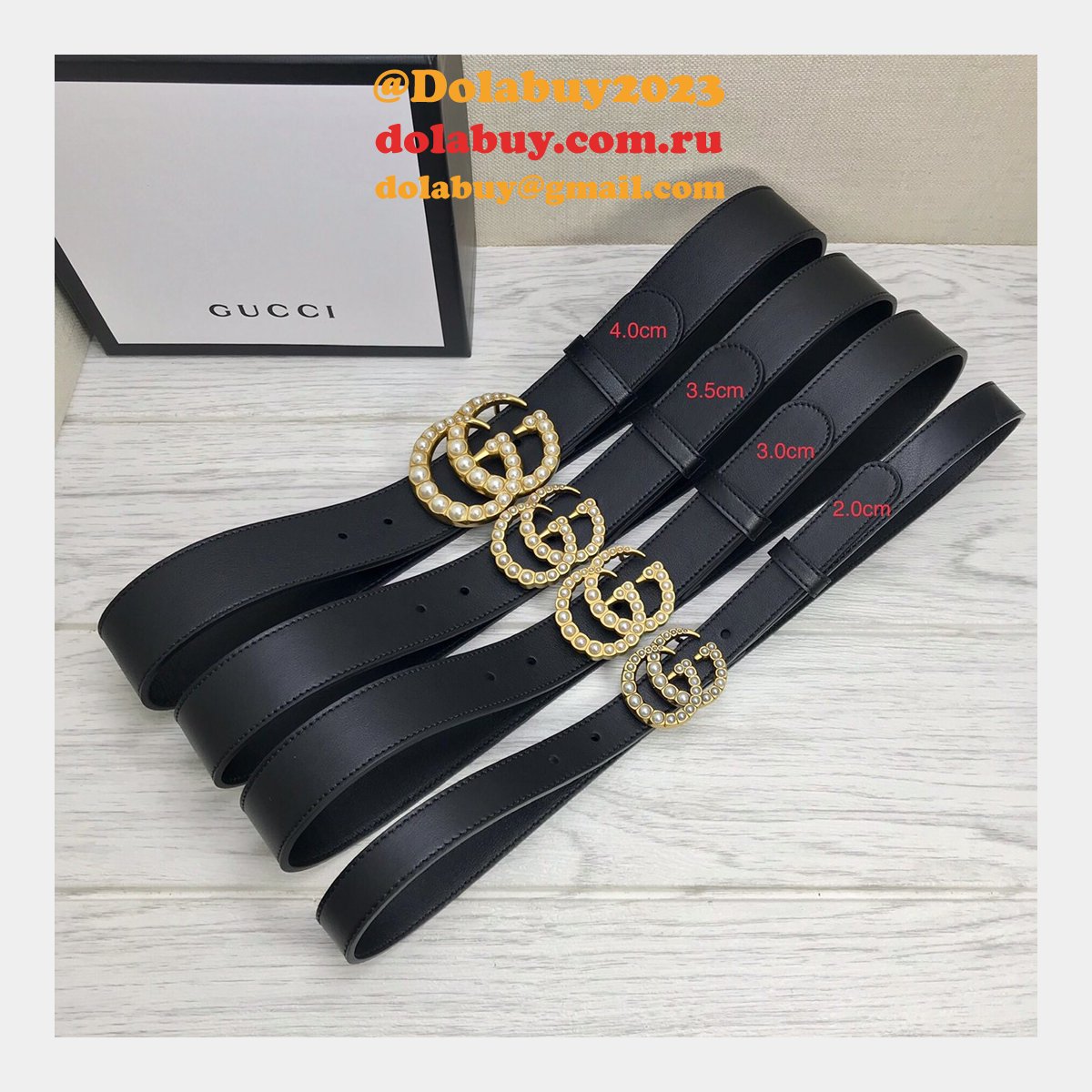 Gucci Replica Leather belt with pearl Buckle