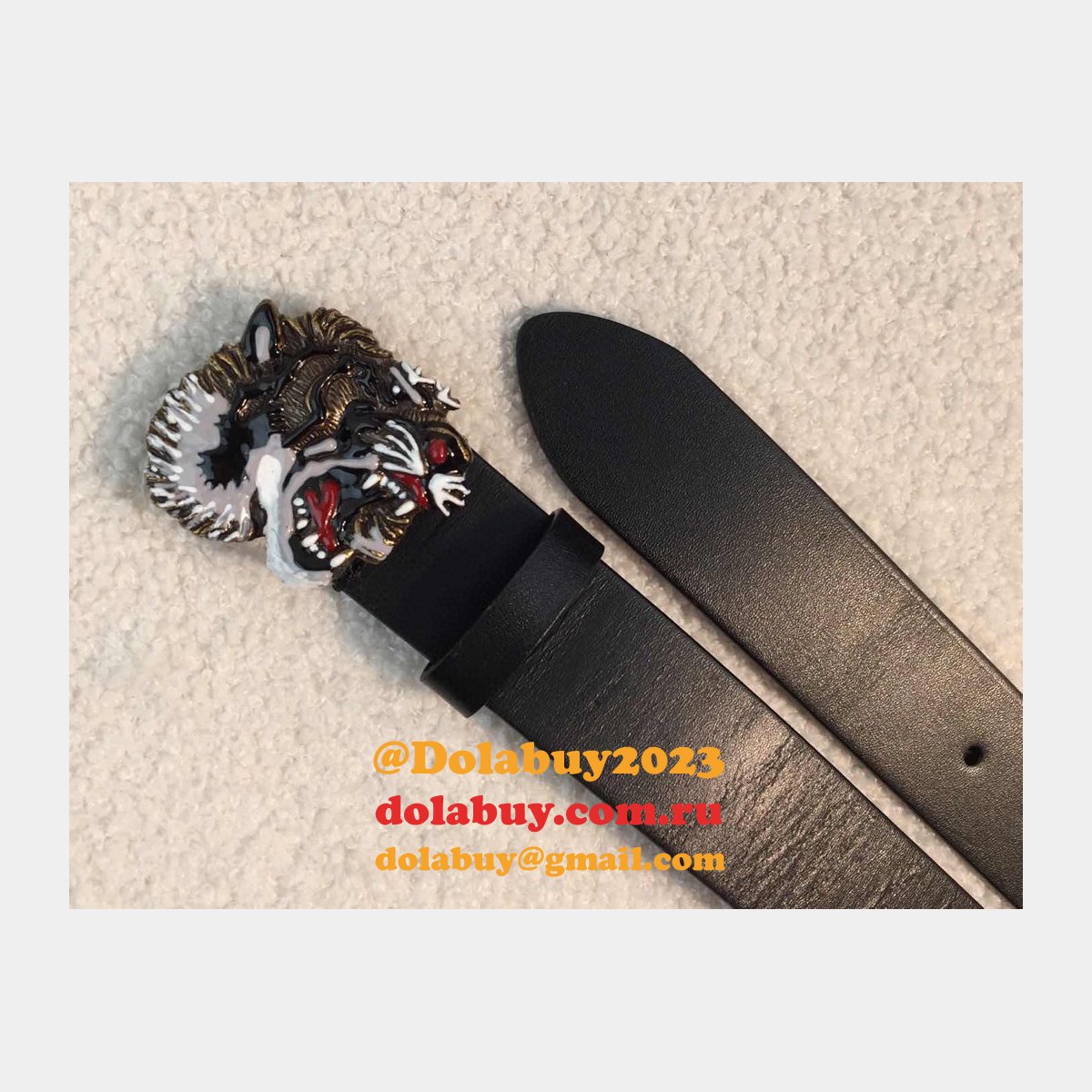 Gucci Replica Leather belt with tiger buckle black