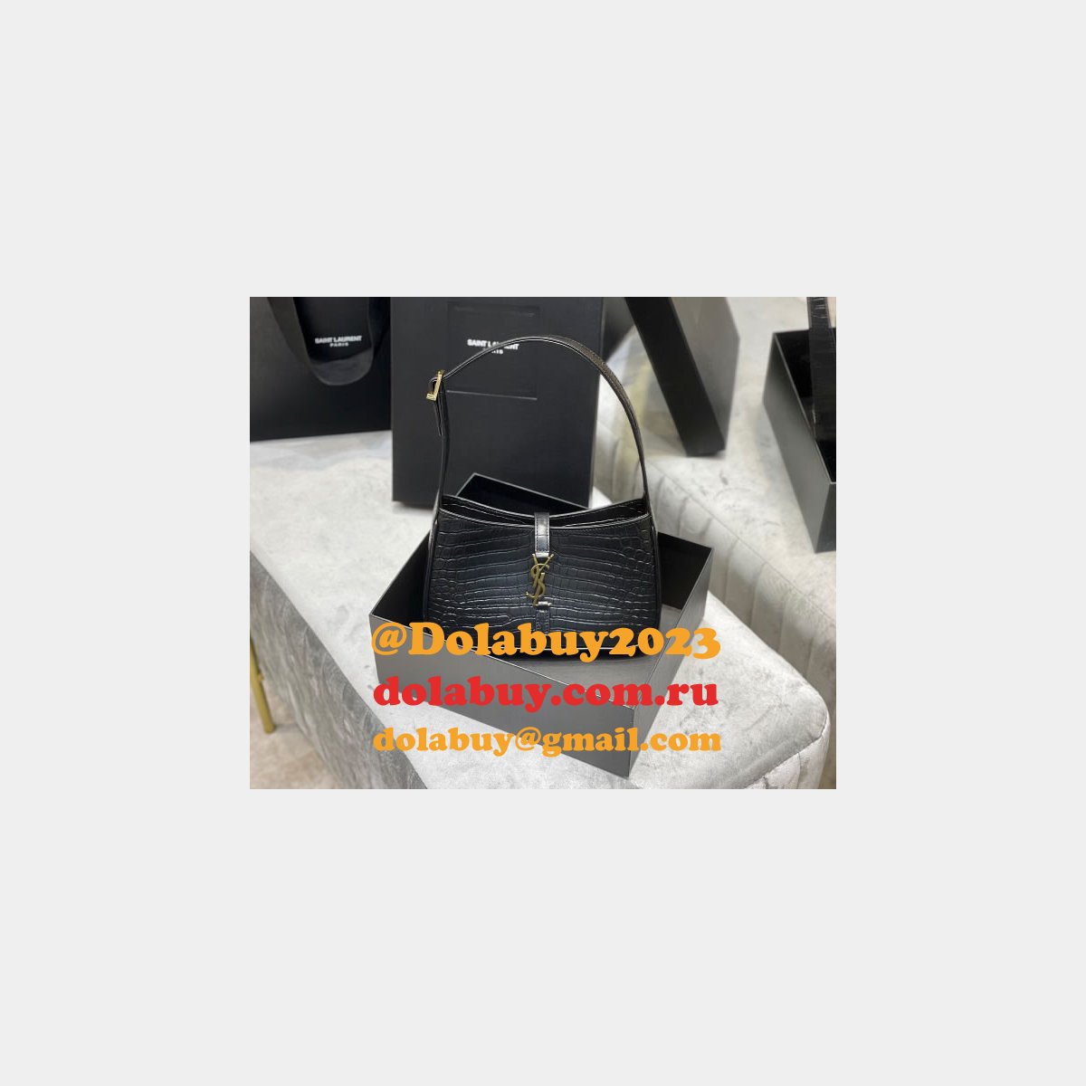 Replica Saint Laurent Shoulder Hobo crocodile-embossed shiny leather Black 657228 Handbags