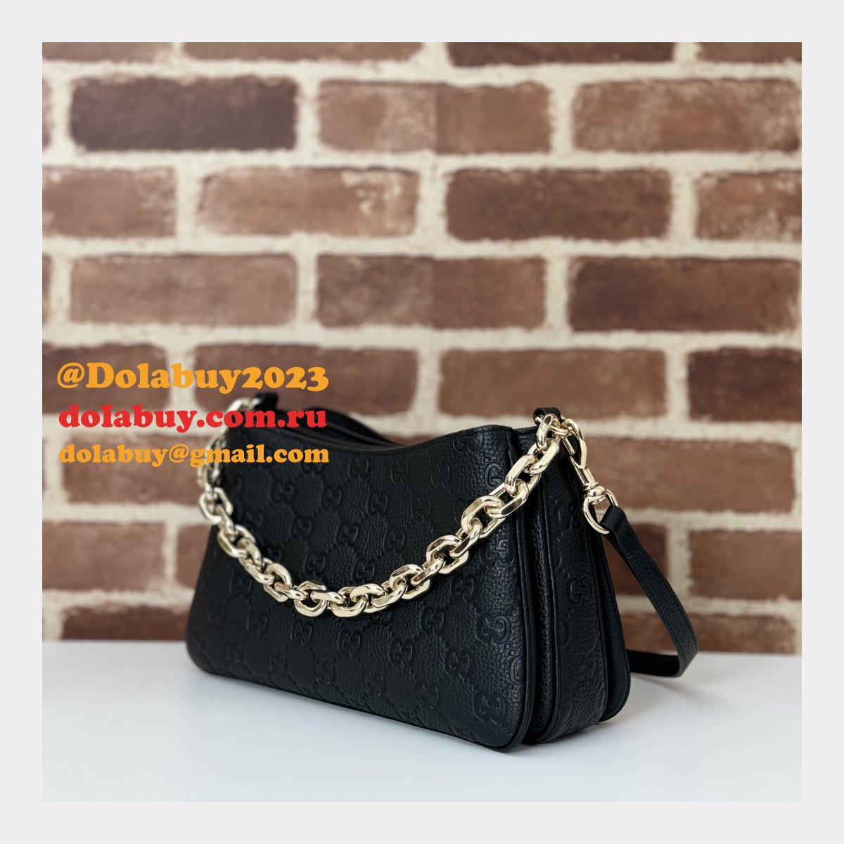 Gucci Designer Copy GG Emblem Small Shoulder Chain 815263 Black Bag