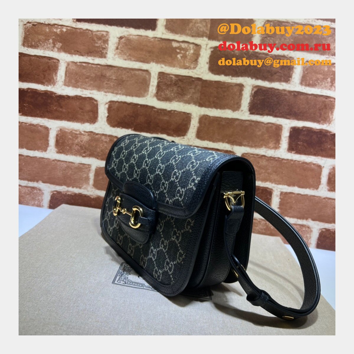 Gucci Designer Horsebit 1955 shoulder 602204 Fake bag in black and ivory GG