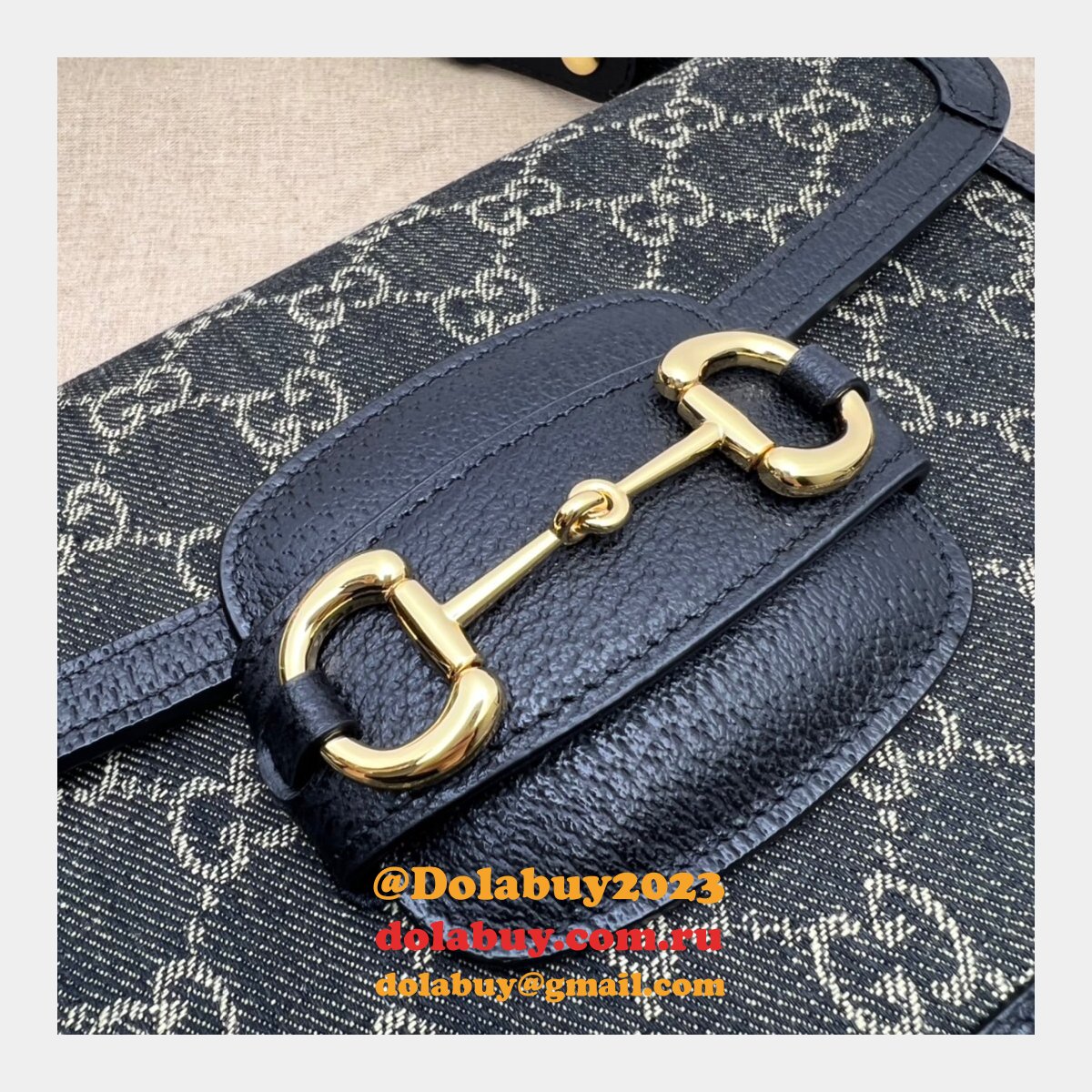 Gucci Designer Horsebit 1955 shoulder 602204 Fake bag in black and ivory GG