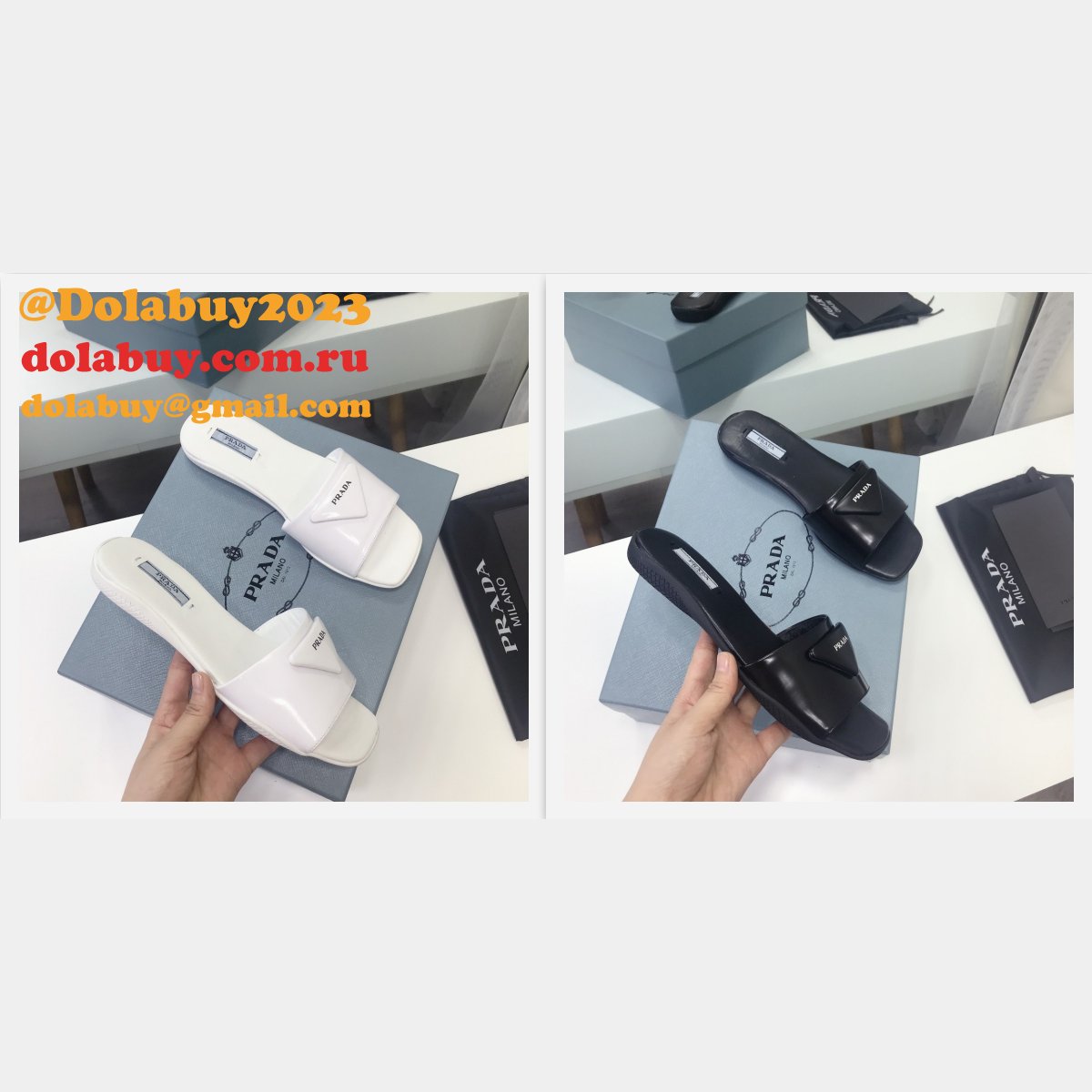 Replica Prada Leather Logo Flat Slide Sandals