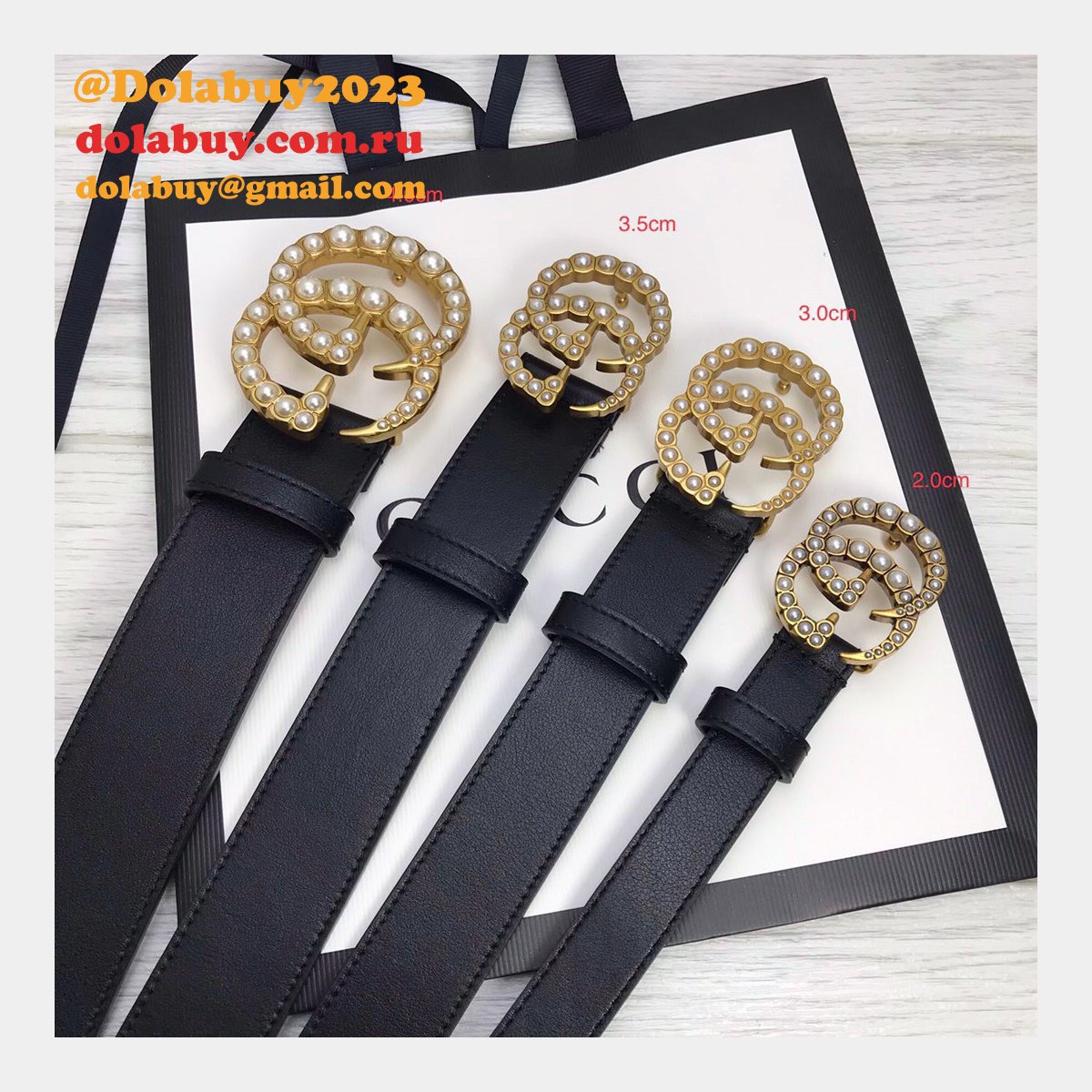 Gucci Replica Leather belt with pearl Buckle