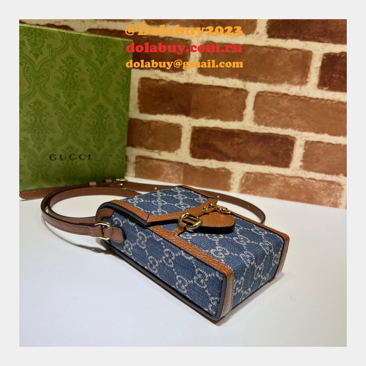 Top Quality Gucci Horsebit 1955 mini Blue and Ivory 625615 GG Replcias bag