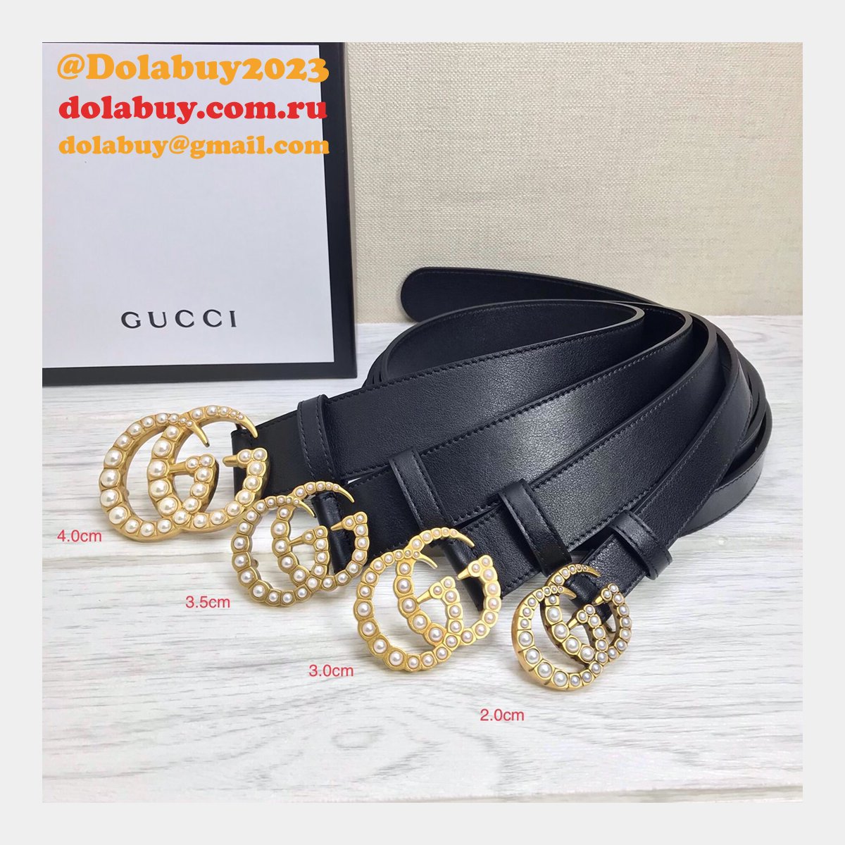 Gucci Replica Leather belt with pearl Buckle