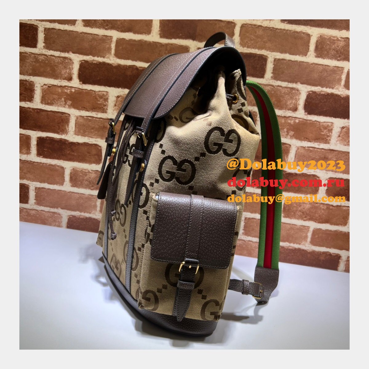 7 Star Gucci Backpack Replica 678829 with jumbo GG in camel and ebony GG canvas