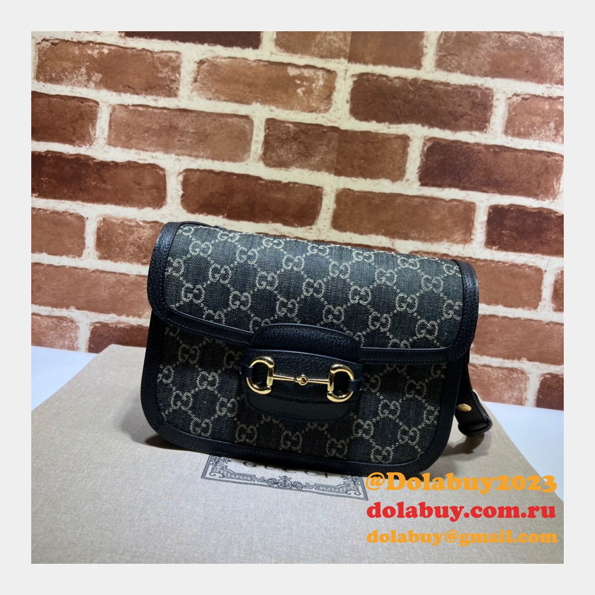 Gucci Designer Horsebit 1955 shoulder 602204 Fake bag in black and ivory GG