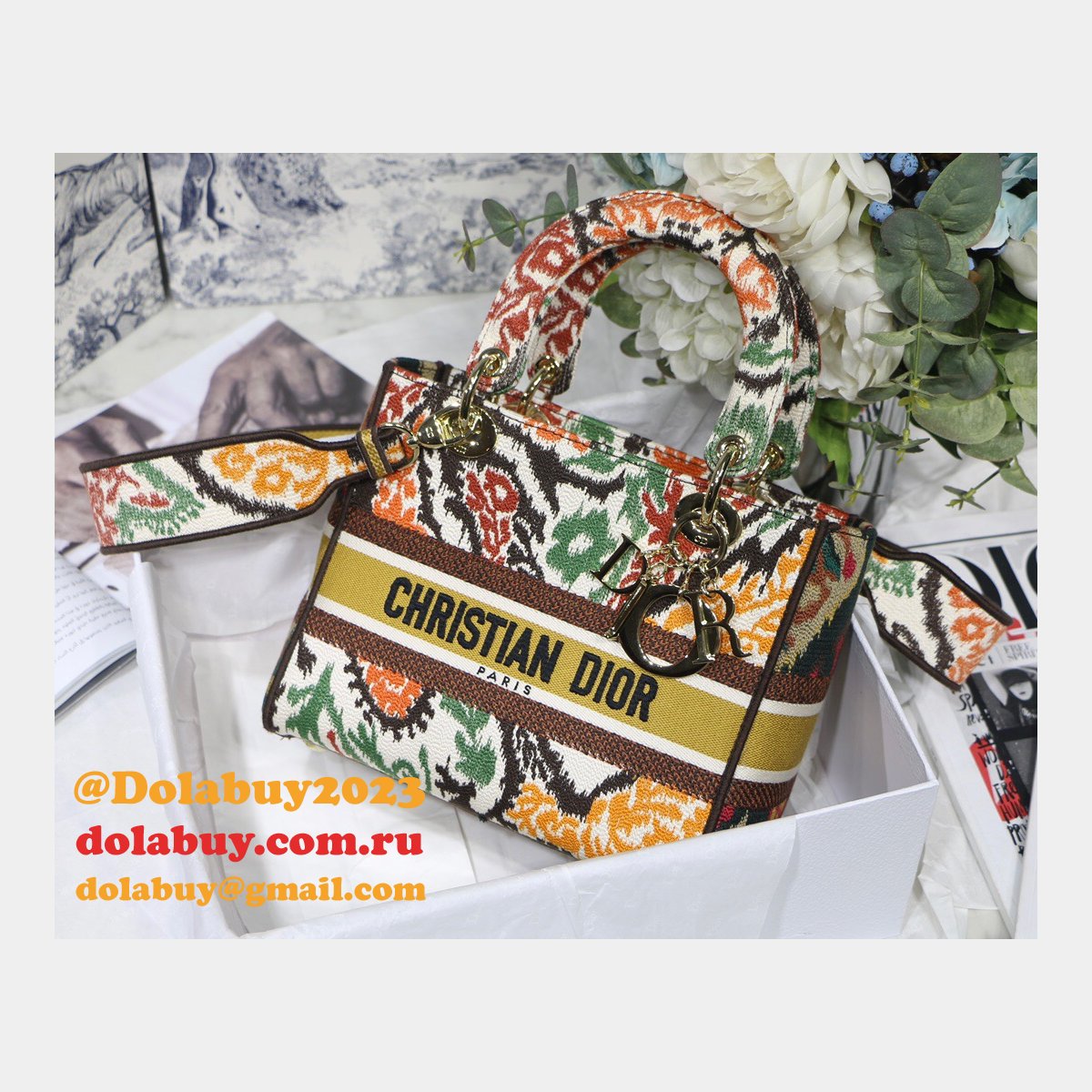 Lady Knockoff Dior 24cm Yellow Multicolor Christian Paisley Embroidery