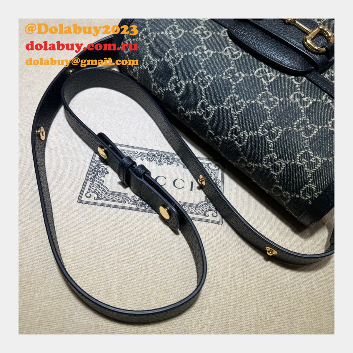 Gucci Designer Horsebit 1955 shoulder 602204 Fake bag in black and ivory GG