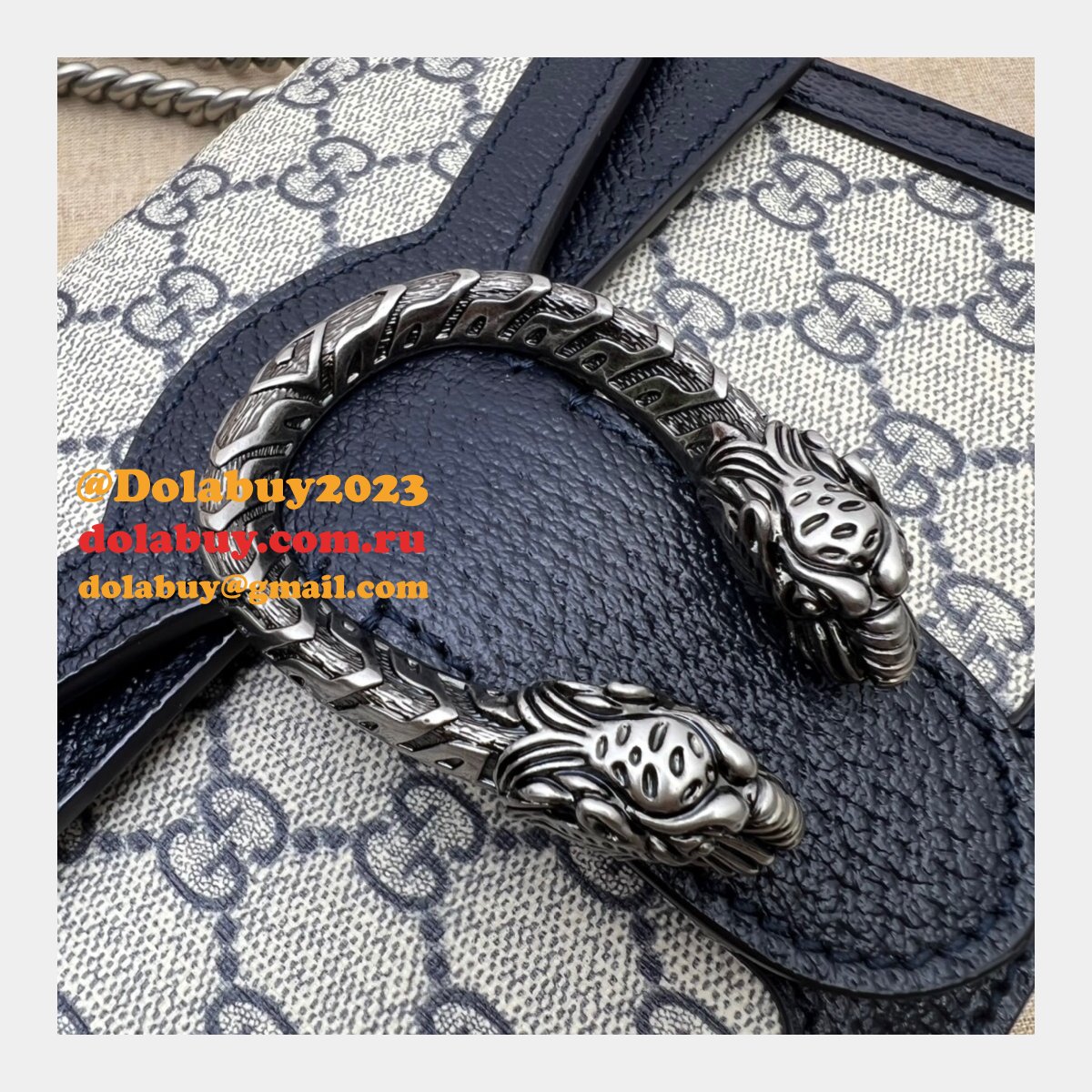 Gucci Fake 421970 GG Supreme Dionysus Mini Bag With dark blue Leather For Sale