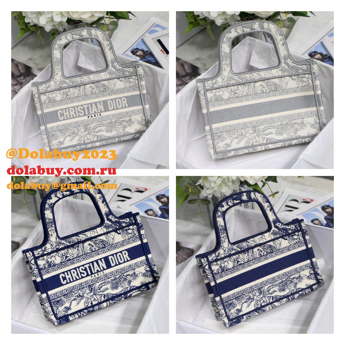 Top Quality Dior Replica Mini Book Tote Bag 22CM Canvas Embroidered
