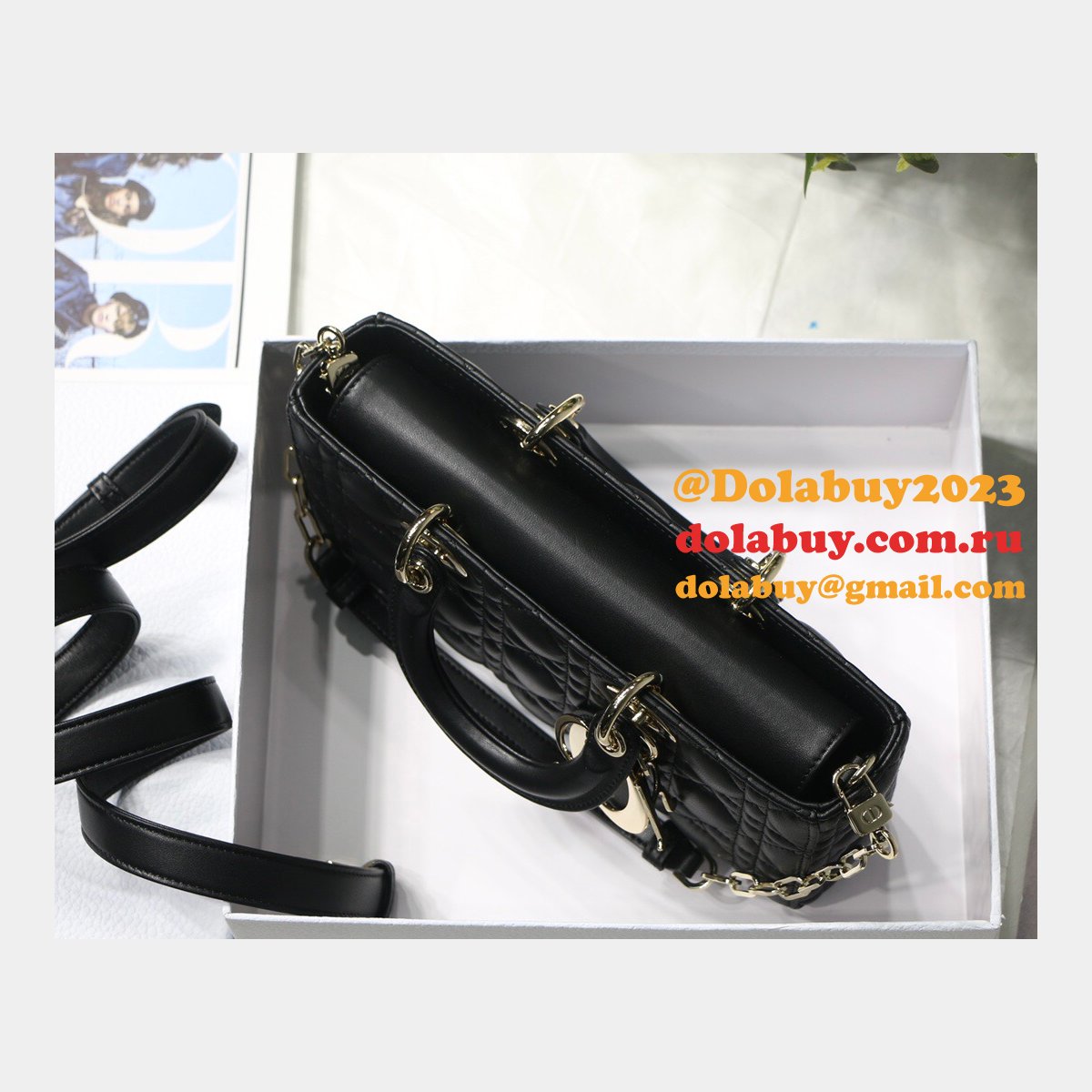 Dior High Quality Replica Black/White Lady Dior Cannage Tech Pouch 26cm