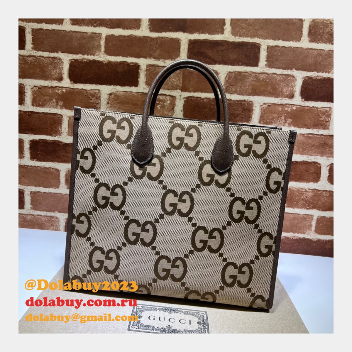 Tote Gucci Replica bag with jumbo GG 678839 camel and ebony GG Canvas