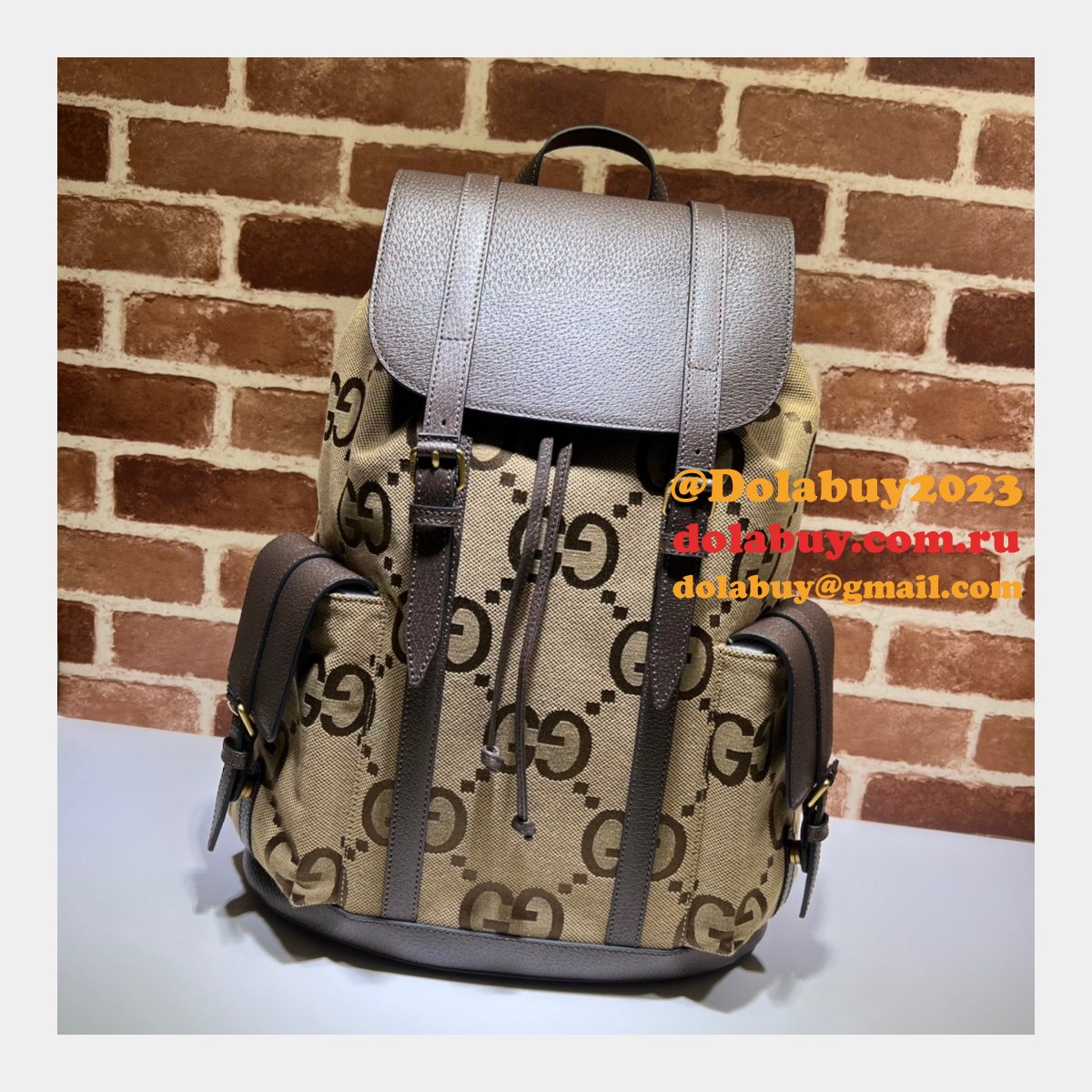 7 Star Gucci Backpack Replica 678829 with jumbo GG in camel and ebony GG canvas