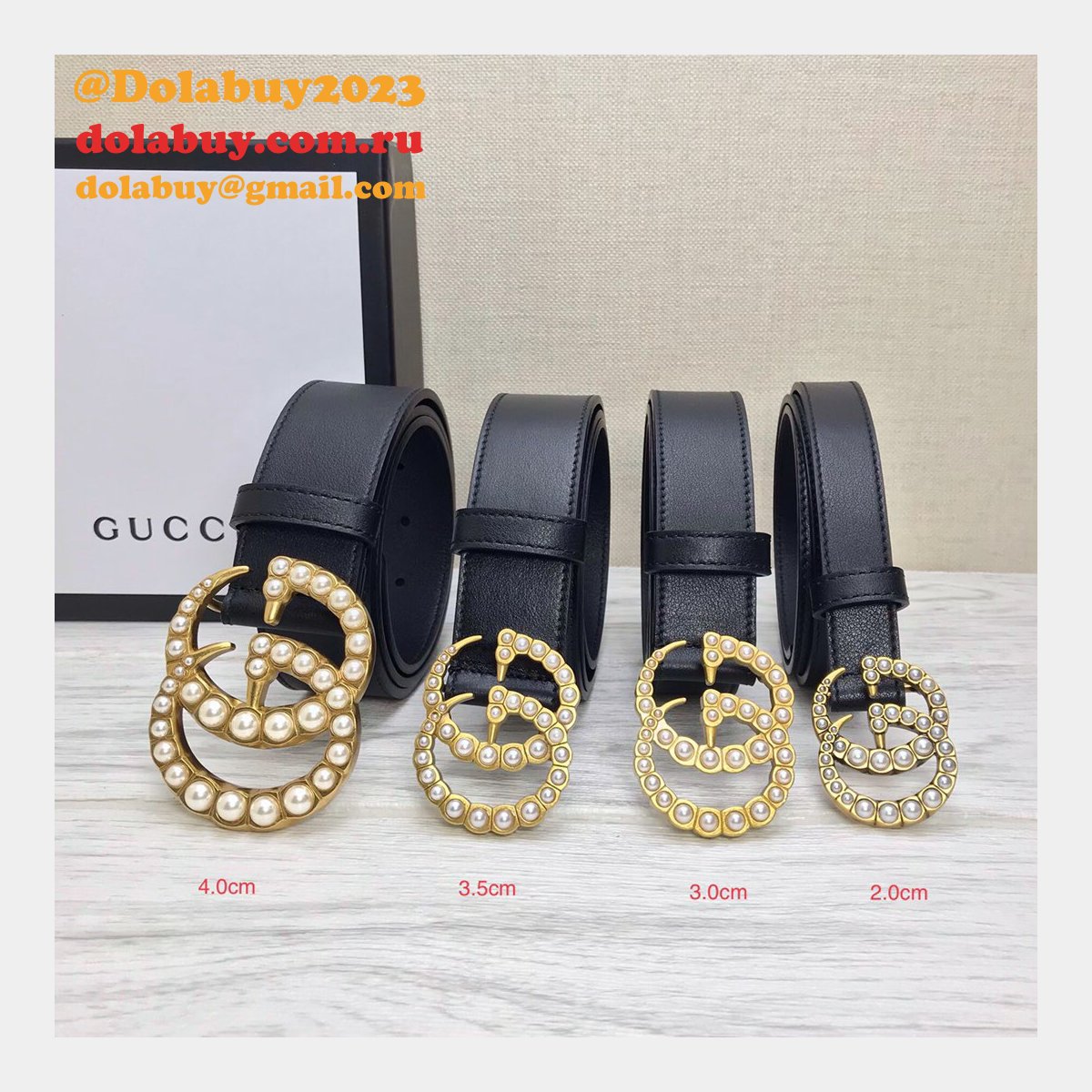 Gucci Replica Leather belt with pearl Buckle