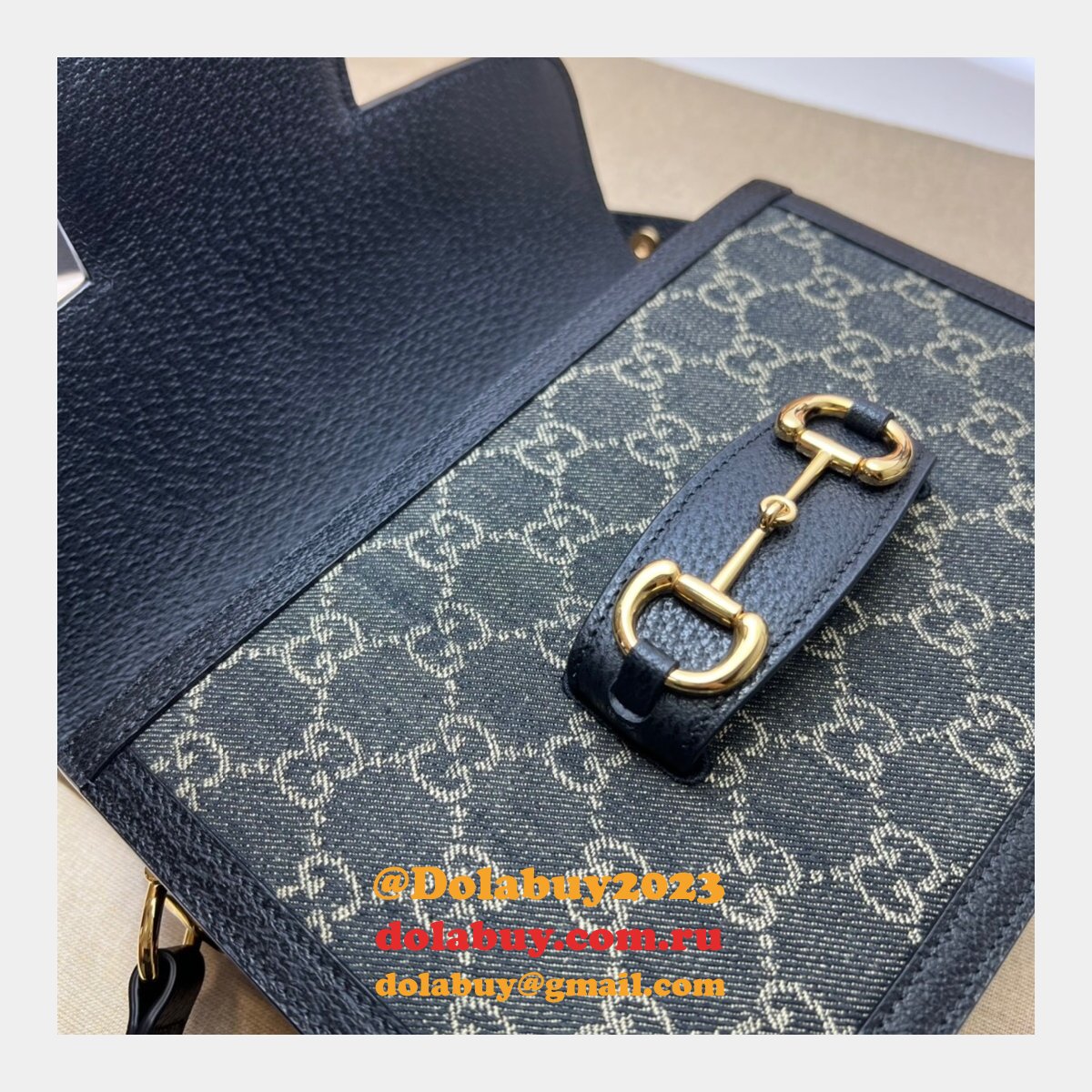 Gucci Designer Horsebit 1955 shoulder 602204 Fake bag in black and ivory GG