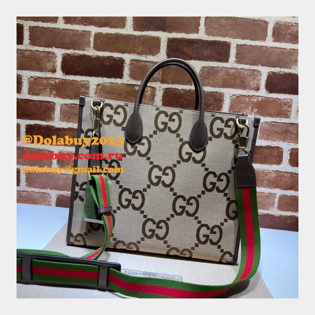 Tote Gucci Replica bag with jumbo GG 678839 camel and ebony GG Canvas