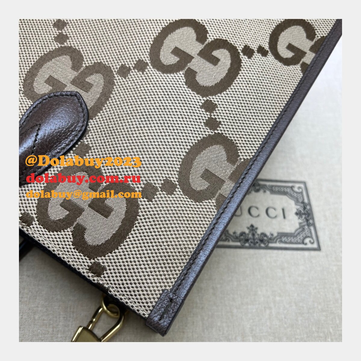 Tote Gucci Replica bag with jumbo GG 678839 camel and ebony GG Canvas