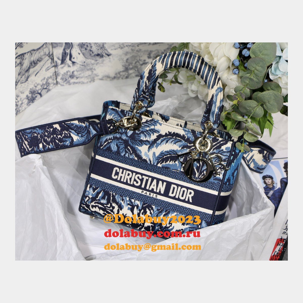 Blue Top QualityLady Dior 24cm Palms Embroidery Lady D-Lite Bags
