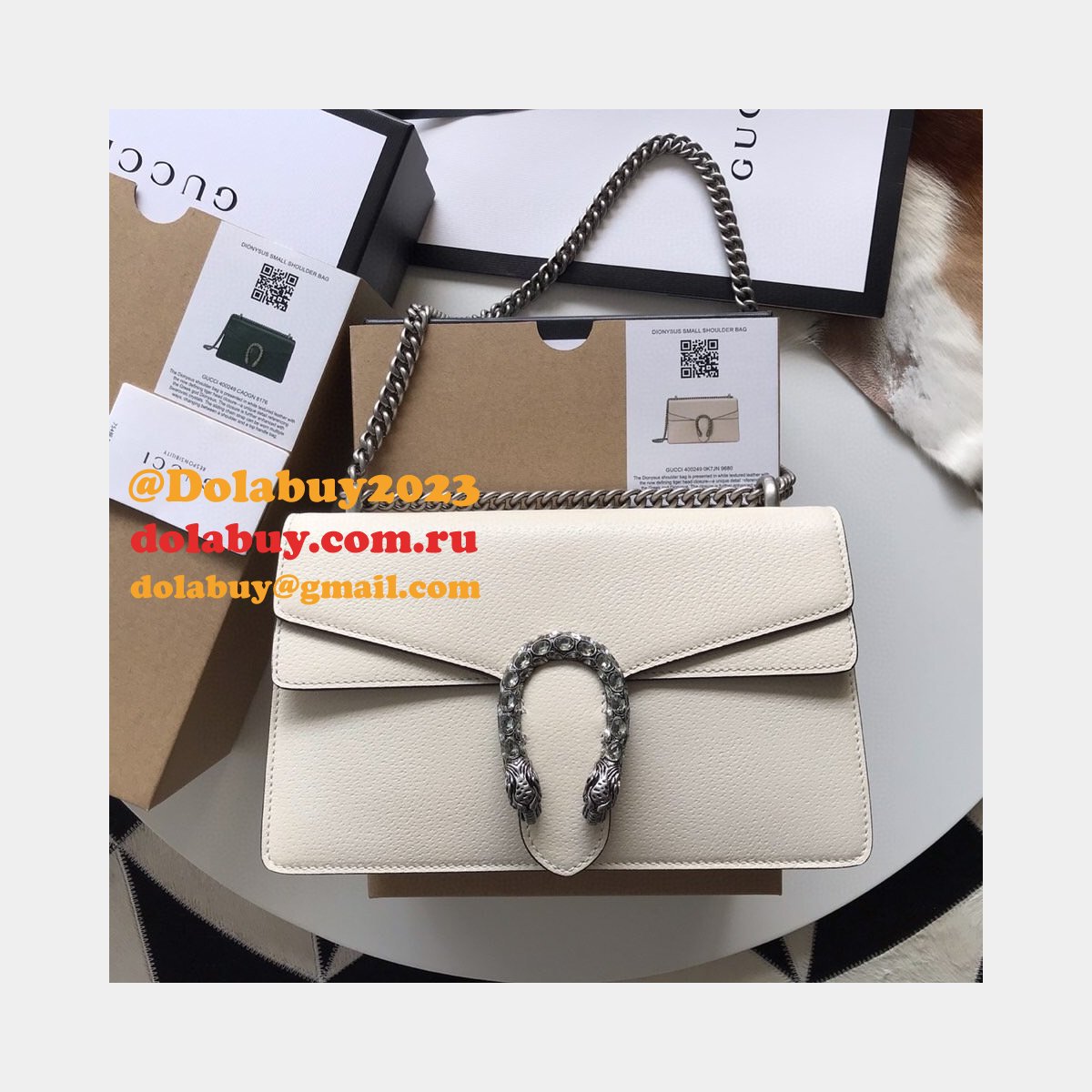 Wholesale Replica Gucci 400249 Dionysus GG Supreme Shoulder White Bag