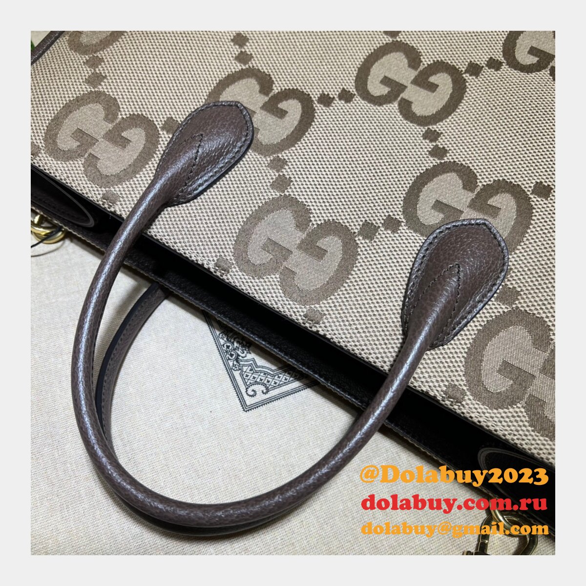 Tote Gucci Replica bag with jumbo GG 678839 camel and ebony GG Canvas