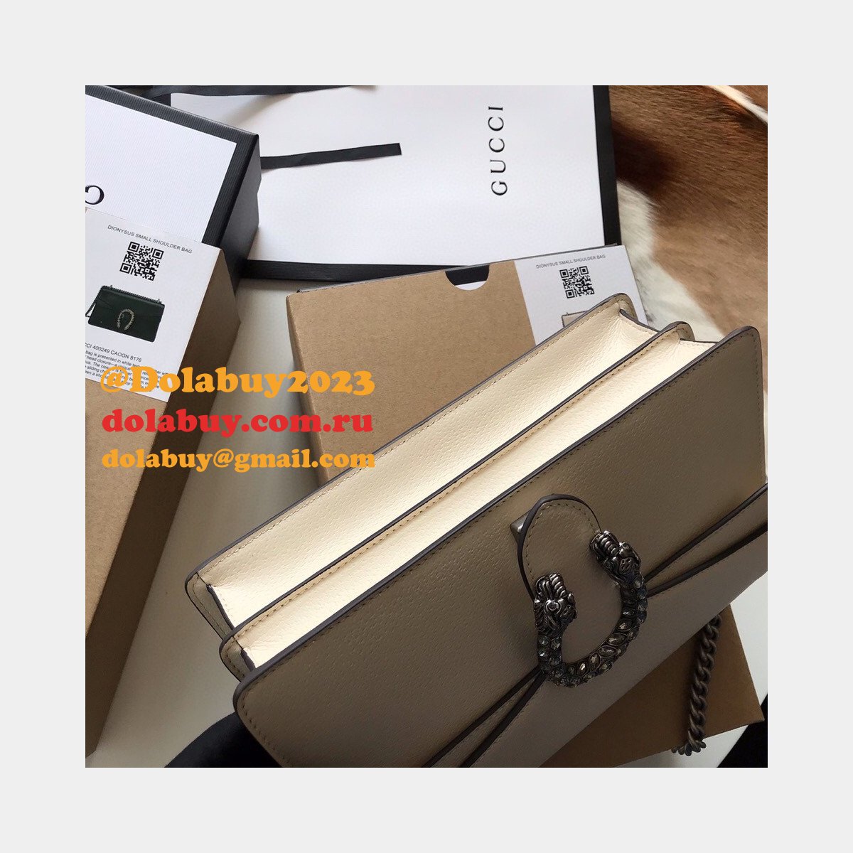 Wholesale Replica Gucci 400249 Dionysus GG Supreme Shoulder White Bag